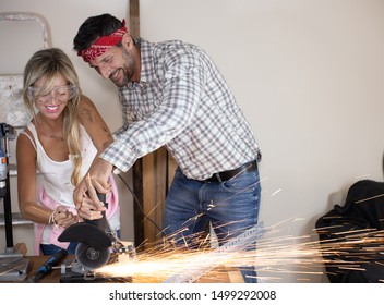 Couple Man And Woman Doing DIY Work At Home