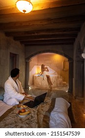 A Couple Man And Woman In The Old Cave Room Of Cappadocia With Bath Morning Breakfast - Honeymoon Vacation 