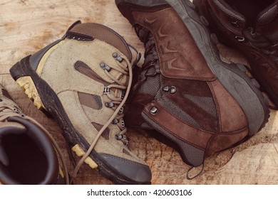 Couple Man And Women Hiking Boots In Love Outdoor. Lifestyle Travel Relationship. Summer Vacations. Woman And Man, Family Trekking Shoes Close-up. Love To Travel Concept. Outdoor Items.