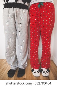 Couple In Matching Penguin Pajamas For Christmas