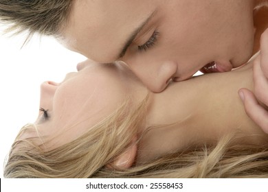 Couple Natural Kiss Close Up Portrait Over White Background