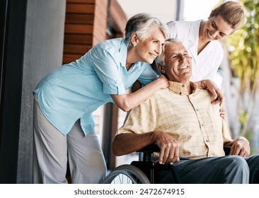 Couple, nurse and senior patient on wheelchair for help, support and happy with care at home. People, smile and person with a disability with caregiver for healthcare, rehabilitation and wellness - Powered by Shutterstock