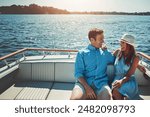 Couple, ocean and smile on boat for holiday with fun, love and bonding in Bali. People, relationship and happy on cruise or yacht for vacation or honeymoon as tourist for travel, relax and romance