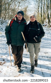 Couple Older People Enjoy The Outdoor Activity - Winter Walking In The Snowy Wood - Birdwatching And Trekking