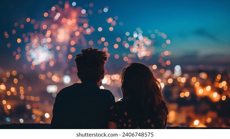 Couple on a rooftop watching firework on new year's eve.