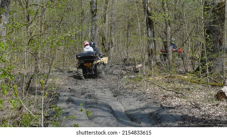 A Couple On A Yellow ATV Riding Through Mud And Puddles In The Woods. Back View. Extreme Type Of Outdoor Activities. Riding On A Quad Bike