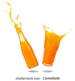 Couple orange juice splashing out of glass and bottle isolated on white background. - Powered by Shutterstock