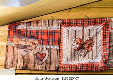 A Couple Of Oven Mitt With Heart Shaped Decoration, Exposed In A Christmas Market