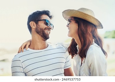 Couple, people and laugh on hug in outdoor with sunglasses for summer holiday, relax and fun in Spain. Relationship, love and happy with support on vacation, trip and travel together as soulmate - Powered by Shutterstock