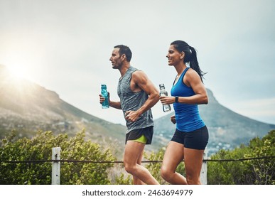 Couple, people and smile with running for fitness or training, support and love in Brazil. Workout, exercise and outdoor with jogging for health, wellness and wellbeing in sunset with lens flare - Powered by Shutterstock