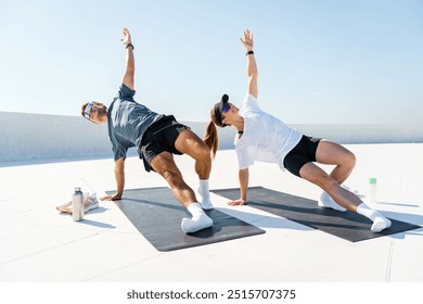 A couple performs a synchronized side plank variation on yoga mats, demonstrating core stability and balance during their outdoor workout.

 - Powered by Shutterstock