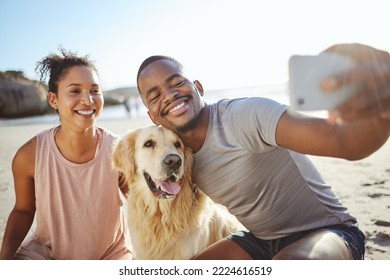 Couple, phone selfie and dog on beach for social media post, video call or memory vlog by ocean, sea or water. Smile, happy or bonding black woman, man and golden retriever in mobile photography tech - Powered by Shutterstock