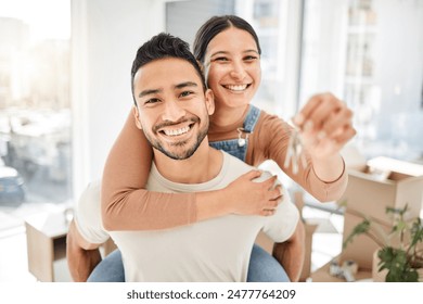 Couple, piggyback and happy with keys in home, new opportunity and property investment together. Smile, people and boxes in living room for relationship bonding, rental apartment and mortgage loan - Powered by Shutterstock