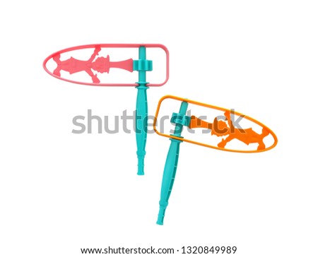 couple of plastic colorful noisemaker or gragger for purim celebration holiday (jewish holiday) isolated on white