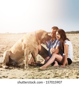 Couple Playing With Dog On The Beach.