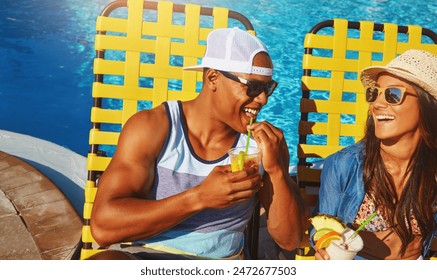 Couple, poolside and alcohol to relax on holiday, outdoor and travel to hotel resort for vacation. People, happy and sunglasses by water for drinks, bonding and love by swimming pool for wellness - Powered by Shutterstock