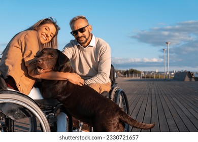 Couple portrait. Happy woman in wheelchair with labrador retriever taking dog for a walk outdoors - Powered by Shutterstock