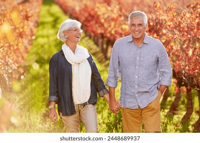 Couple, portrait and walking holding hands in autumn, nature and happy on wine farm in countryside. Mature, man and woman travel on holiday with love or vacation in Italy to relax outdoor in vineyard - Powered by Shutterstock