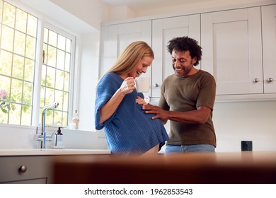 Couple Pregnant Wife Kitchen Husband Touching Stock Photo 1962853