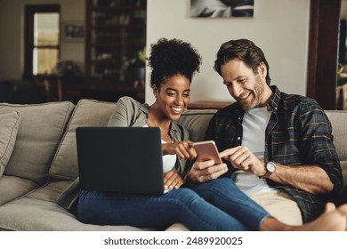 Couple, relax and happy with technology on sofa for social media, streaming subscription and online shopping for apartment. Man, woman and together in home with laptop or smartphone for connectivity.