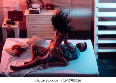 Couple Relaxed In Bed. Sexy Woman Make Sensual Massage. Sexually Explicit.Love Concept. Romantic And Love. Sexy Photo. Intimate Relationship And Sexual Relations. Happy To Be In Love