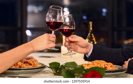 Couple In Restaurant Celebrating Valentine Day. Romantic Dinner For Couple In Love Concept