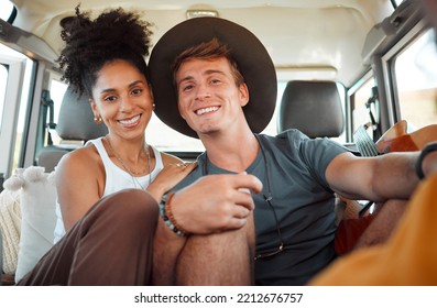 Couple, Road Trip Or Bonding In Camper Travel On Safari Game Drive In Nature Desert Environment Or Kenya Landscape Location. Portrait, Smile Or Happy Interracial Man Or Black Woman On Camping Holiday