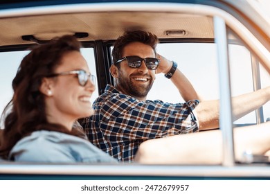 Couple, road trip and car for vacation and window, summer and adventure for explore together. Smile, sunglasses and love in countryside in transport, vehicle and sunshine for man and female people - Powered by Shutterstock