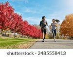 Couple, running and cardio with exercise, training and support with hobby, wellness and bonding together. Healthy people, outdoor and man with woman, runner or speed with energy, challenge or fitness