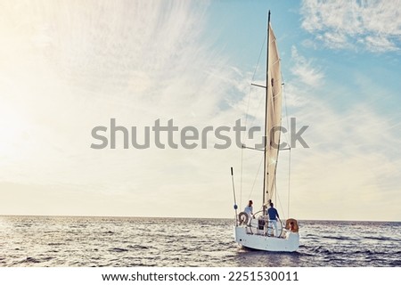 Couple sailing on yacht, adventure and travel with nature, luxury vacation on the ocean for summer holiday. Wealthy people out at sea, lifestyle with blue sky, romantic getaway with seascape mockup