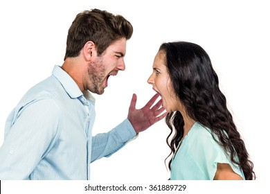 Couple screaming having argument on white background