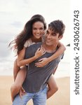 Couple, sea and piggyback with fun, smile and nature with travel and date for relationship. Man, woman and indonesia beach for adventure, vacation and tropical holiday with sunshine and portrait