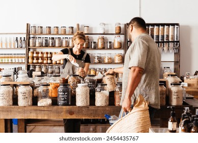 A couple selects food items from bulk bins at an eco-friendly grocery store, emphasizing zero waste shopping. - Powered by Shutterstock