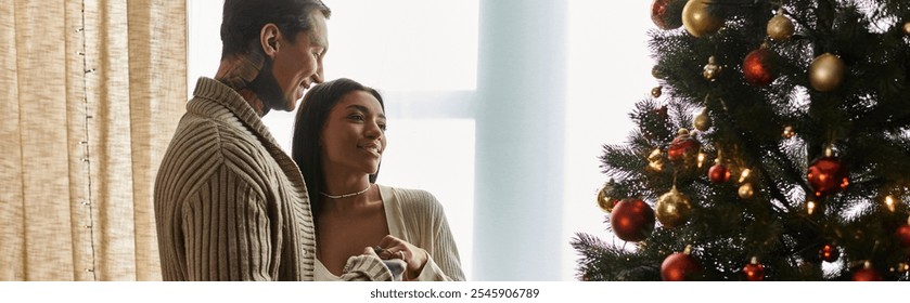 The couple share a warm embrace, celebrating the joy of the holiday season together. - Powered by Shutterstock