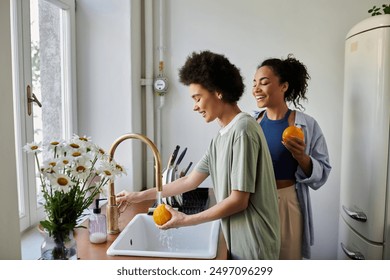 A couple shares laughter while preparing a meal in their cozy kitchen. - Powered by Shutterstock