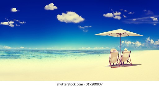 Couple Sitting Beach Summer Getaway Concept