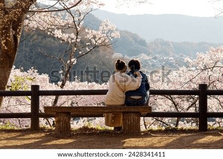 A couple sitting on a wood bench under Sakura trees, enjoying the panoramic view and Hanami (a leisure activity of admiring cherry blossoms in spring), in Takato Castle Ruins Park, Ina, Nagano, Japan