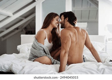 Couple, smile and affection on bed for intimacy with loyalty, support and bonding for trust in home. Man, happy woman and love on mattress for partnership with care, morning peace and relax together - Powered by Shutterstock