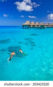 Couple Snorkeling In The Blue Lagoon, Bora Bora, French Polynesia, South Pacific 