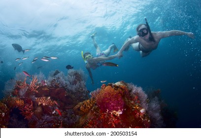 Couple Snorkeling Over Coral Reef