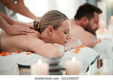 Couple, Spa Massage Or Relax Wellness In Peace, Healthcare Or Reiki Hotel Salon In Self Care, Muscle Tension Or Stress. Masseuse Hands, Woman Or Man On Luxury Honeymoon Table Bed In Zen Pamper Space