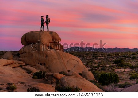 Couple standing on a rock in Joshua Tree National Park with beautiful, pink sunset. 