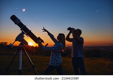 Couple Stargazing Together Astronomical Telescope Stock Photo ...