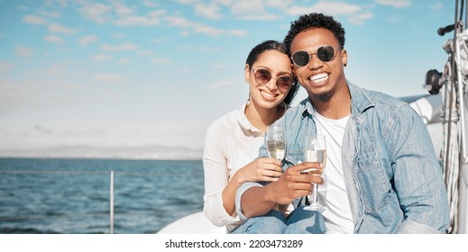 Couple With Sunglasses On Luxury Yacht Travel, Champagne Outdoor Rich Experience And Ocean Summer Holiday. Young Woman Happy On Vacation, Man With Rich Smile And Wealth Lifestyle At Sea Together