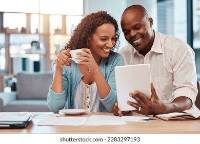 Couple, tablet and planning for finance, budget or application for loan on fintech app in home. Happy black man, woman or reading on touchscreen ux with smile, financial goals and investment growth - Powered by Shutterstock