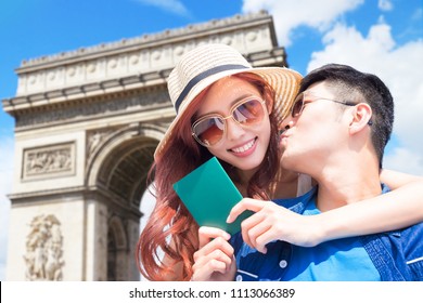 Couple Take Passport Travel To Arc De Triomphe In Paris