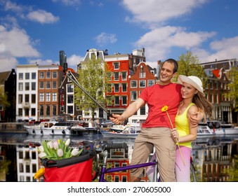 Couple Taking Selfie In Amsterdam, Holland