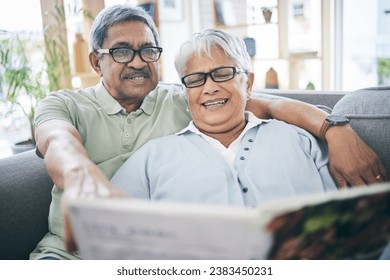 Couple, talking and reading book together on sofa in living room with love, relax and quality time. Senior man, happy woman or partner with glasses, discussion or books on couch at home in retirement - Powered by Shutterstock