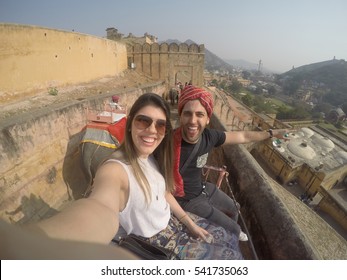 Couple Talking A Selfie In Elephant In Amber Fort, Jaipur, India - With Gopro Camera