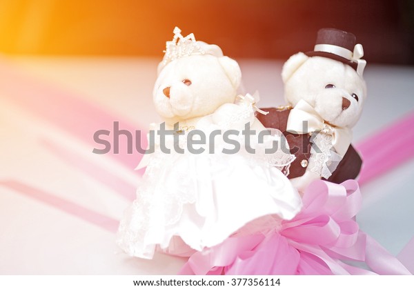 Couple\
teddy bear toys and ribbon for wedding\
decoration
